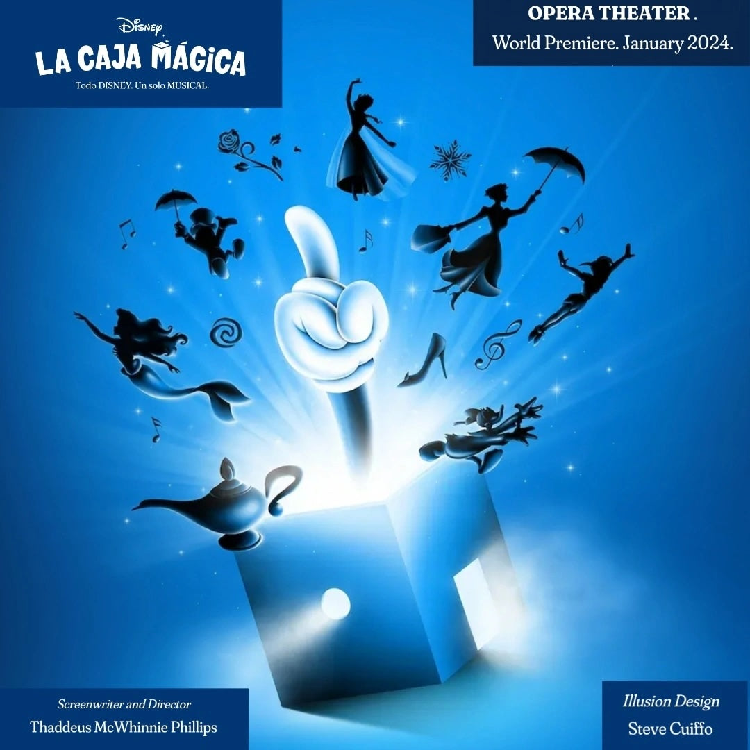 Promotional poster for the world premiere of Disney's La Caja Mágica in Buenos Aires, featuring illusion design by Steve Cuiffo.